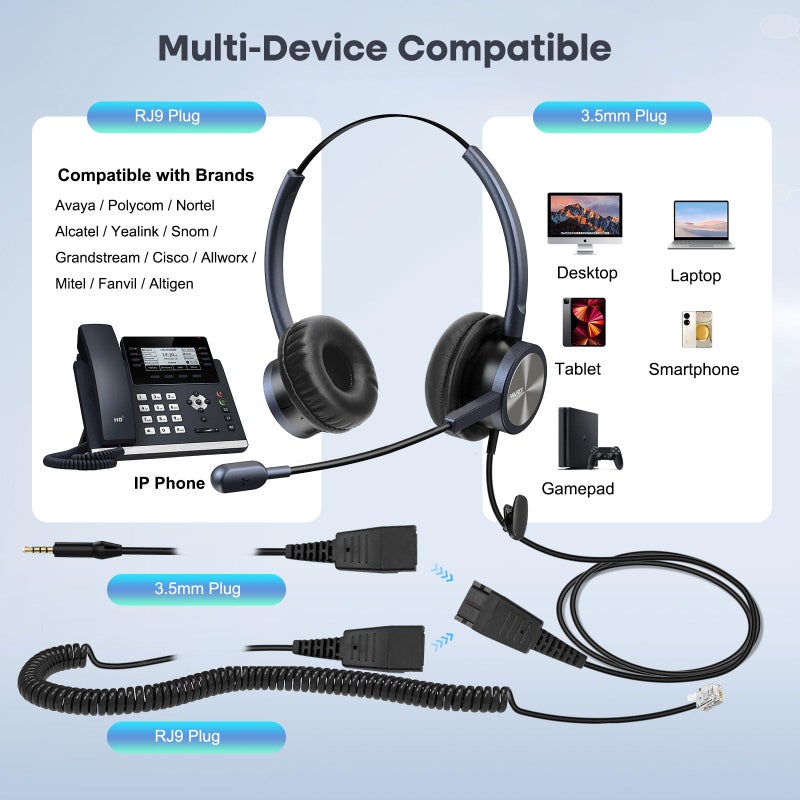 MAIRDI Telephone Headset with RJ9 Jack & 3.5mm Connectors for Call Center Office Deskphone Cell Phone PC Laptop, Landline Phone Headset with Microphone Noise Canceling for Polycom Avaya Nortel - Image 4